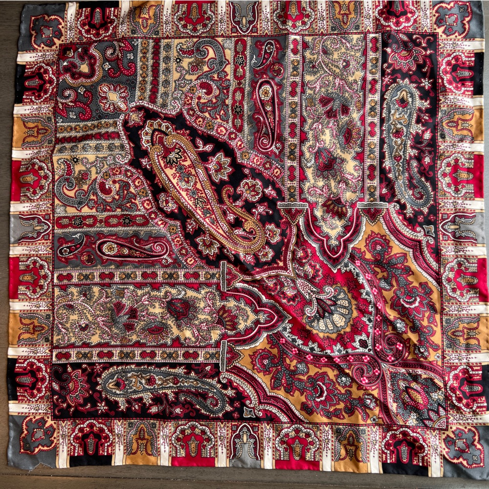 Paisley Silk Scarf Square Red Black Gold Vintage Style Bandana